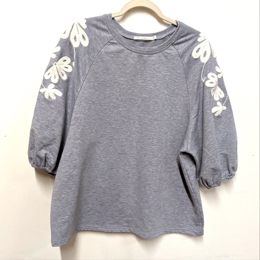 ELLISON Chenille Trim Grey Puff Sweatshirt L